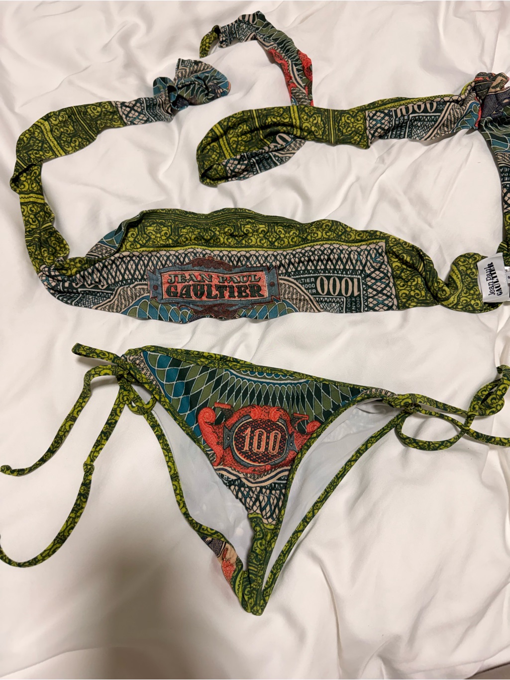 Jean Paul Gaultier Green And Teal Patterned Tie Bikini With Red Accents